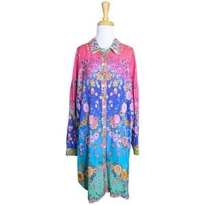 Johnny Was Rainbow Midi Shirt Dress Medium Floral Multicolor Long Sleeve Resort